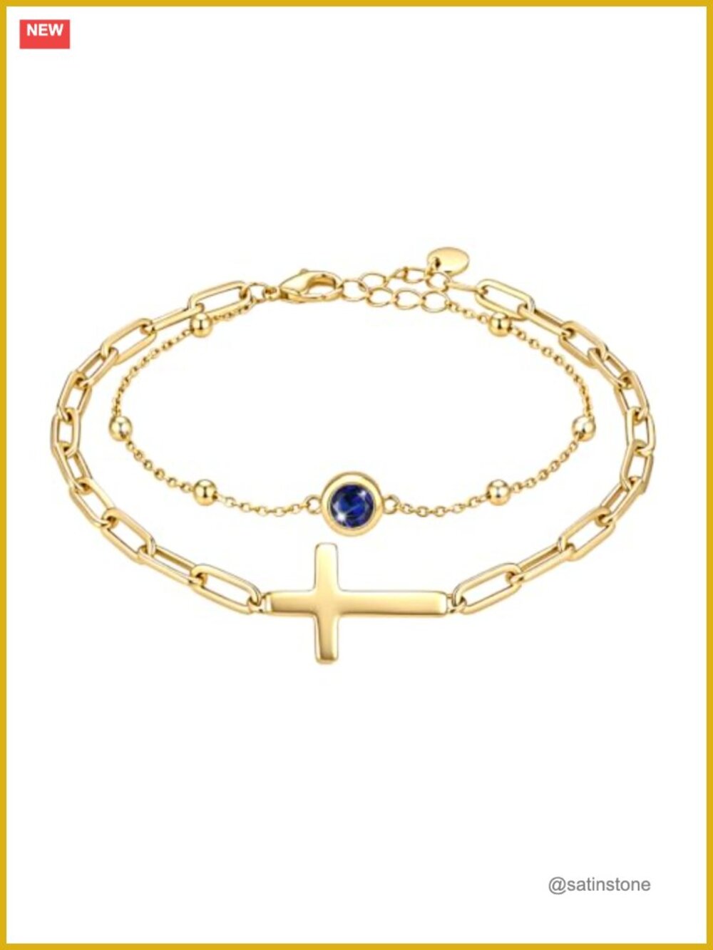 14K Gold Plated Layered Cross Birthstone Chain Bracelet for Women